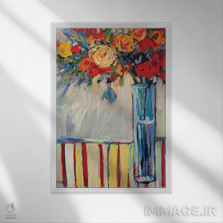 تابلو دکوراتیو طبیعت بی جان با گلدان و گل ها روی رومیزی راه راه قرمز اثر پتی بیکر - نمای قابدار سفید