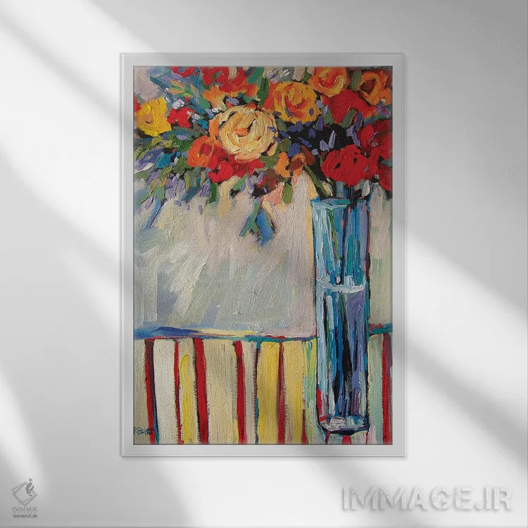 تابلو دکوراتیو طبیعت بی جان با گلدان و گل ها روی رومیزی راه راه قرمز اثر پتی بیکر - نمای قابدار سفید