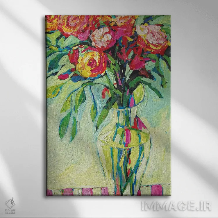 تابلو دکوراتیو گلدان گل و رومیزی راه راه II اثر پتی بیکر - نمای روبهرو روی دیوار