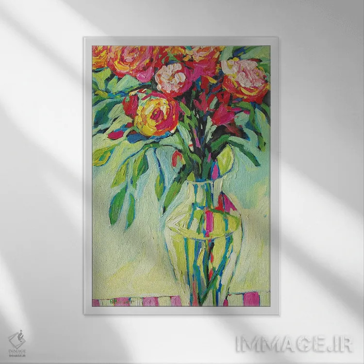 تابلو دکوراتیو گلدان گل و رومیزی راه راه II اثر پتی بیکر - نمای قابدار سفید