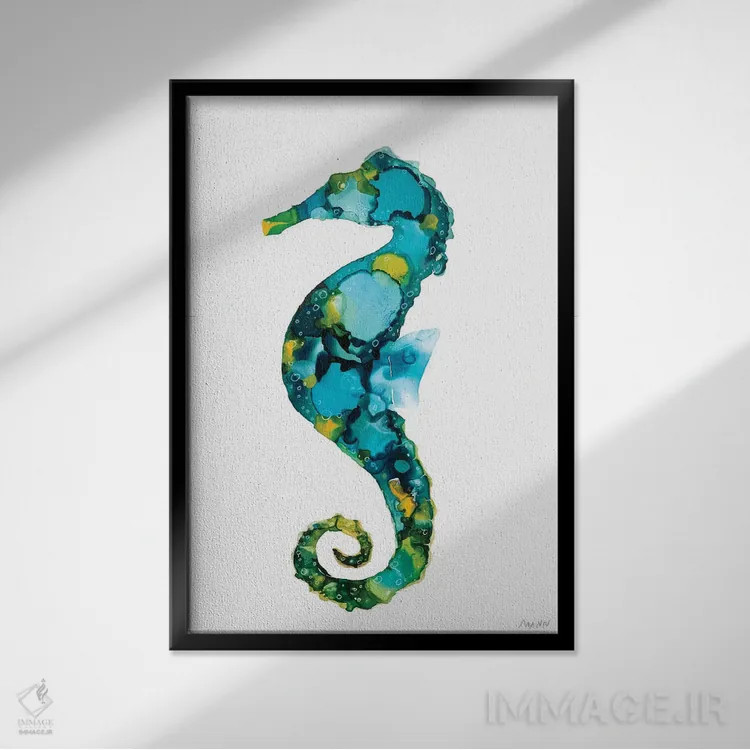 تابلو دکوراتیو اسب دریایی اثر پتی من - نمای قابدار مشکی