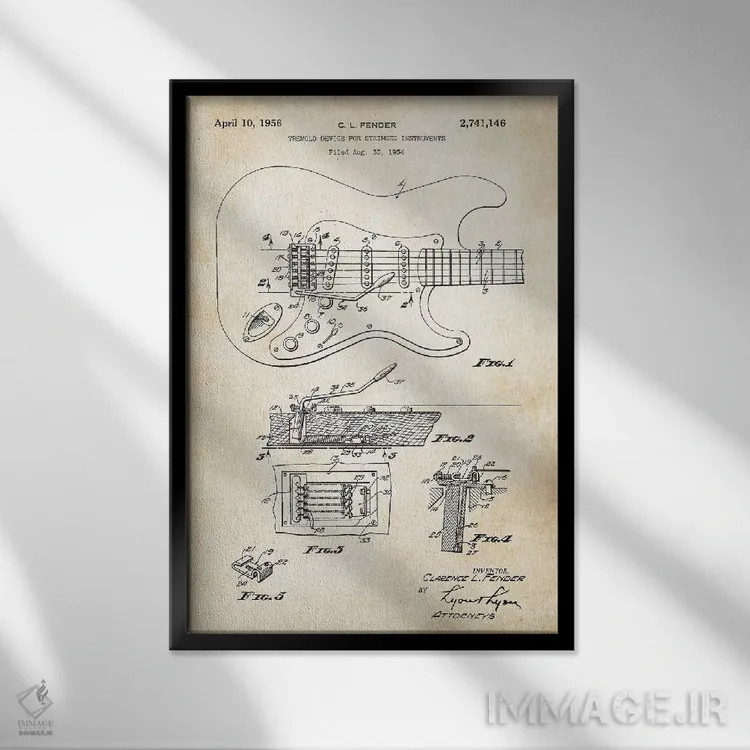 تابلو دکوراتیو گیتار فندر استرتوکستر اثر پتنت ۷۷ - نمای قابدار مشکی