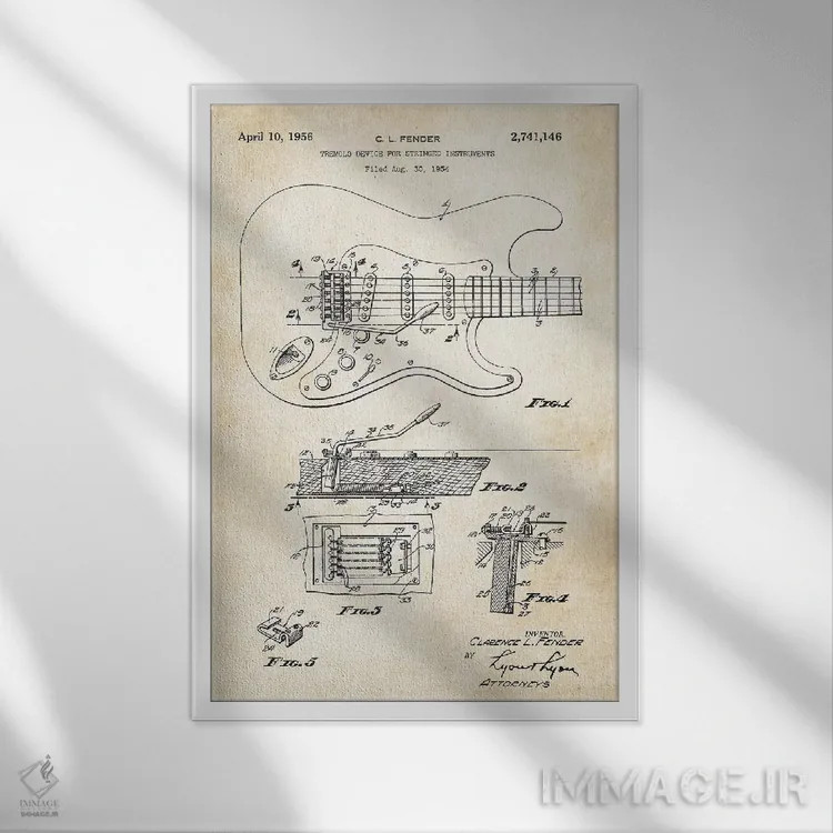 تابلو دکوراتیو گیتار فندر استرتوکستر اثر پتنت ۷۷ - نمای قابدار سفید