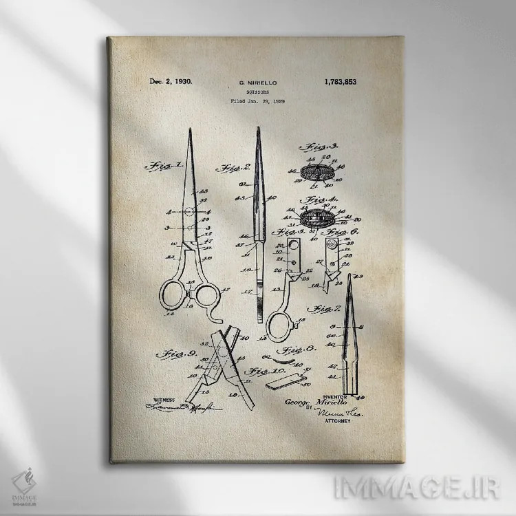 تابلو دکوراتیو قیچی آرایشگری اثر پتنت ۷۷ - نمای روبهرو روی دیوار