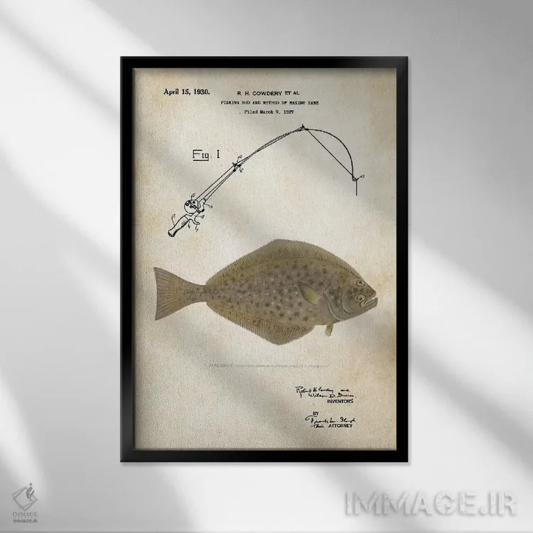 تابلو دکوراتیو طعمه ماهیگیری هالیبوت اثر پتنت ۷۷ - نمای قابدار مشکی