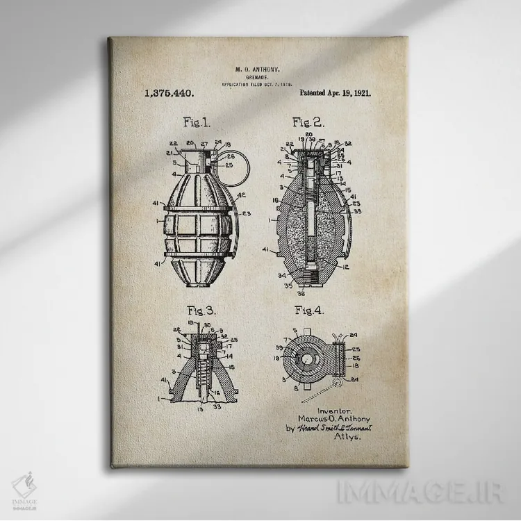 تابلو دکوراتیو نارنجک دستی اثر پتنت ۷۷ - نمای روبهرو روی دیوار