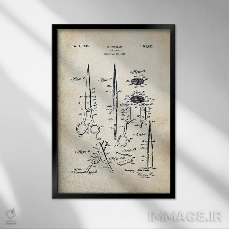تابلو دکوراتیو قیچی آرایشگری اثر پتنت ۷۷ - نمای قابدار مشکی
