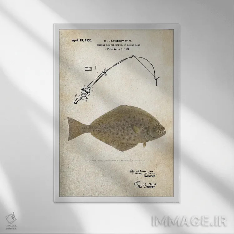 تابلو دکوراتیو طعمه ماهیگیری هالیبوت اثر پتنت ۷۷ - نمای قابدار سفید