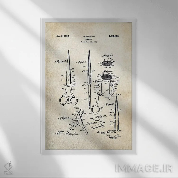 تابلو دکوراتیو قیچی آرایشگری اثر پتنت ۷۷ - نمای قابدار سفید