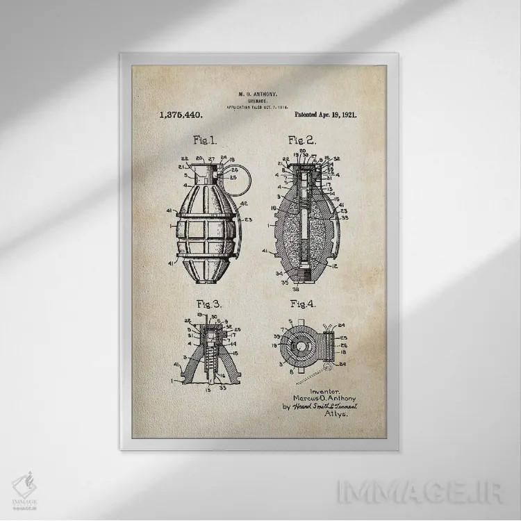 تابلو دکوراتیو نارنجک دستی اثر پتنت ۷۷ - نمای قابدار سفید