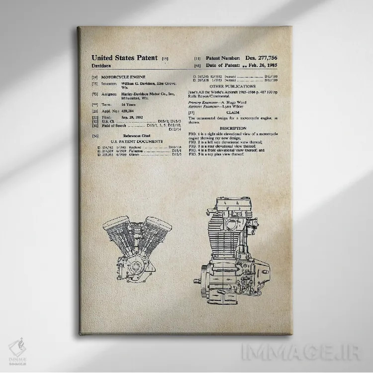 تابلو دکوراتیو موتور اوولوشن هارلی دیویدسون اثر پتنت ۷۷ - نمای روبهرو روی دیوار