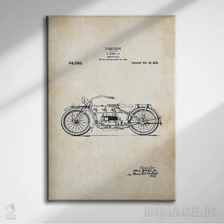 تابلو دکوراتیو موتورسیکلت هارلی دیویدسون اثر پتنت ۷۷ - نمای روبهرو روی دیوار