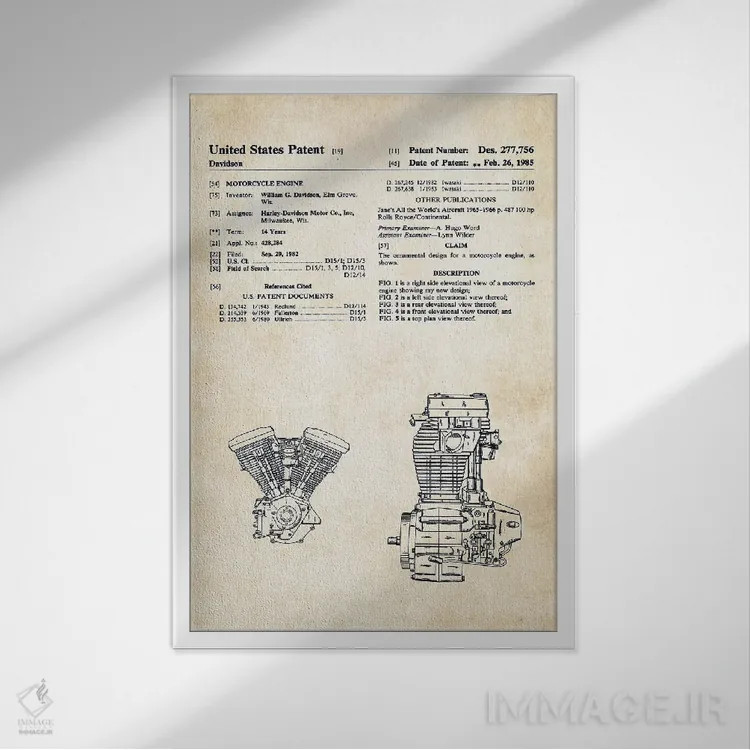 تابلو دکوراتیو موتور اوولوشن هارلی دیویدسون اثر پتنت ۷۷ - نمای قابدار سفید