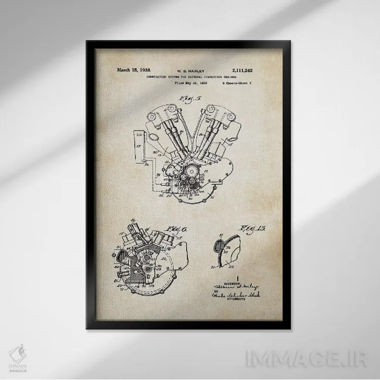 تابلو دکوراتیو موتور ناکل هد هارلی دیویدسون اثر پتنت ۷۷ - نمای قابدار مشکی