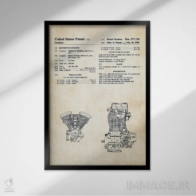 تابلو دکوراتیو موتور اوولوشن هارلی دیویدسون اثر پتنت ۷۷ - نمای قابدار مشکی
