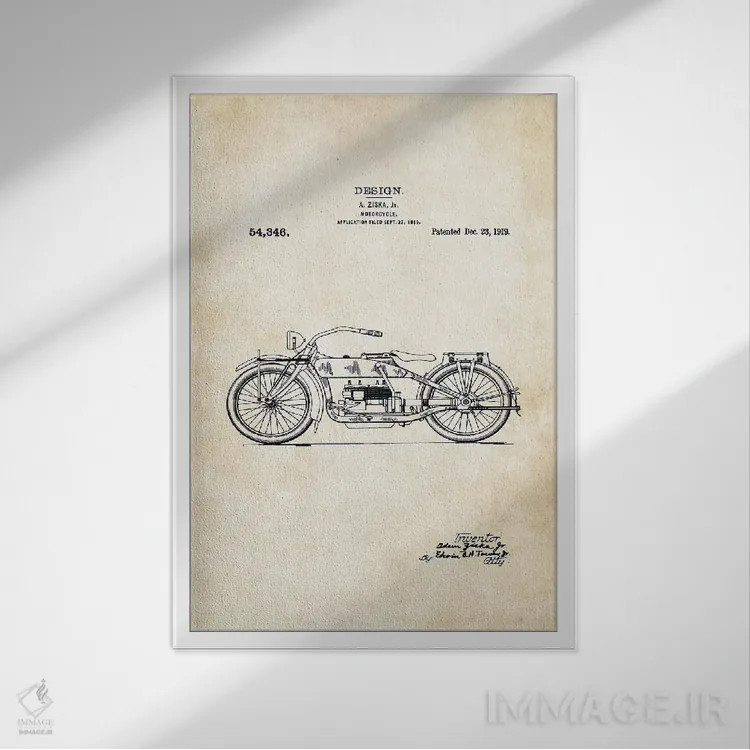 تابلو دکوراتیو موتورسیکلت هارلی دیویدسون اثر پتنت ۷۷ - نمای قابدار سفید