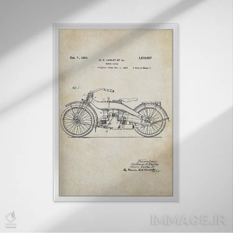 تابلو دکوراتیو موتورسیکلت هارلی دیویدسون اثر پتنت ۷۷ - نمای قابدار سفید