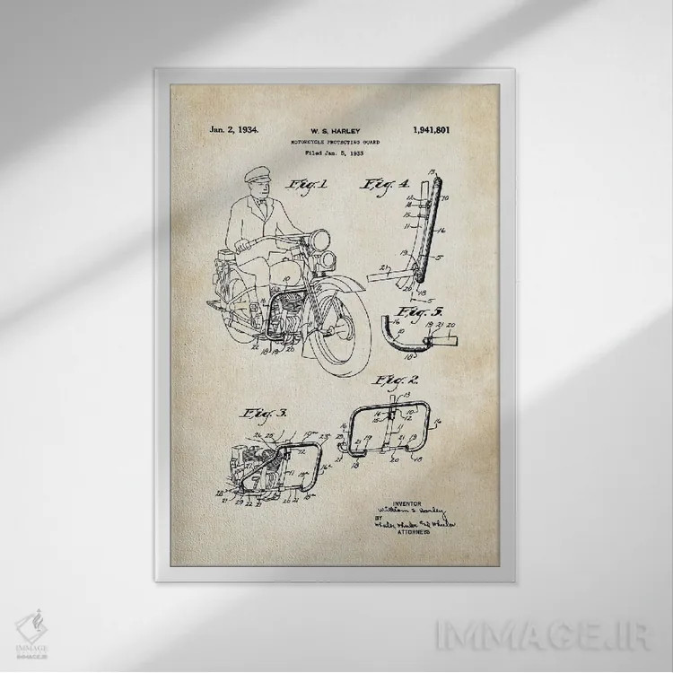تابلو دکوراتیو موتورسیکلت هارلی دیویدسون اثر پتنت ۷۷ - نمای قابدار سفید