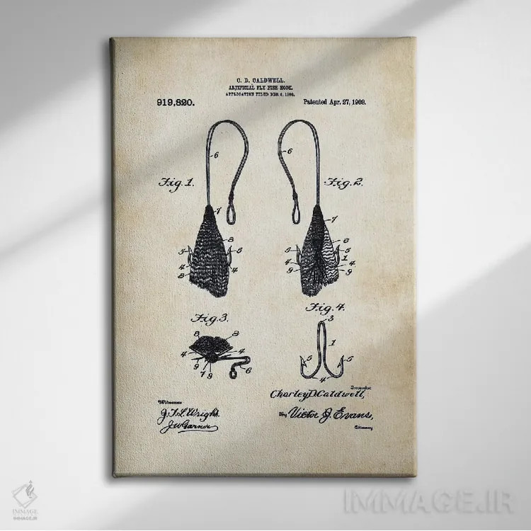 تابلو دکوراتیو قلاب فلای ماهی گیری عتیقه اثر پتنت ۷۷ - نمای روبهرو روی دیوار