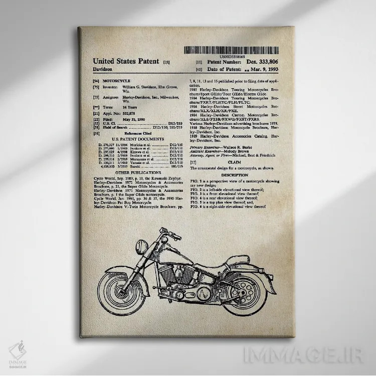 تابلو دکوراتیو موتورسیکلت سوپرگلاید هارلی دیویدسون اثر پتنت ۷۷ - نمای روبهرو روی دیوار