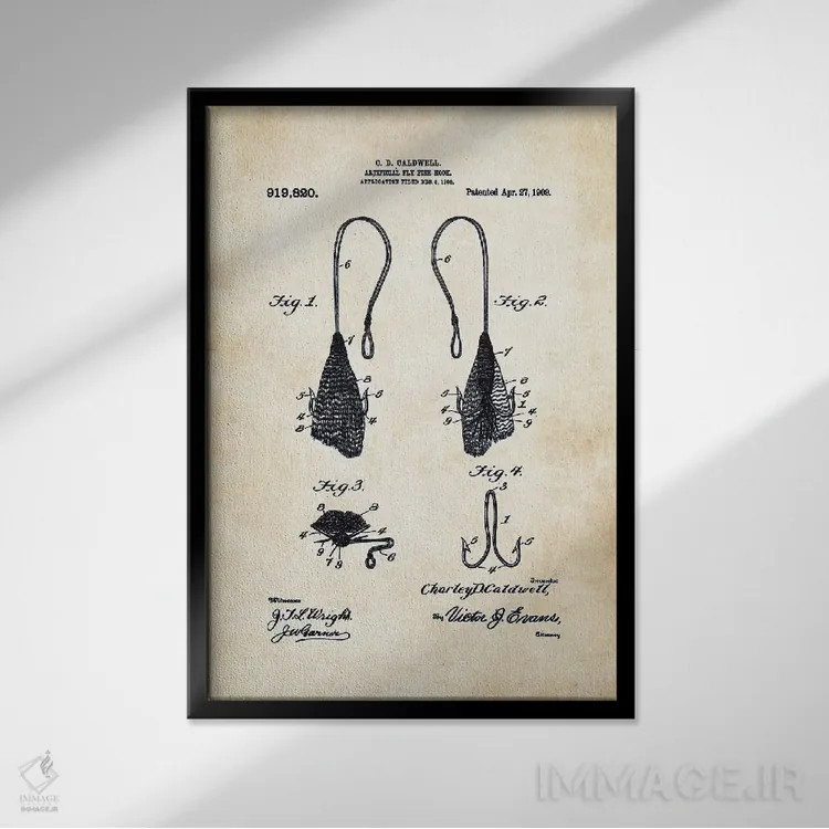 تابلو دکوراتیو قلاب فلای ماهی گیری عتیقه اثر پتنت ۷۷ - نمای قابدار مشکی