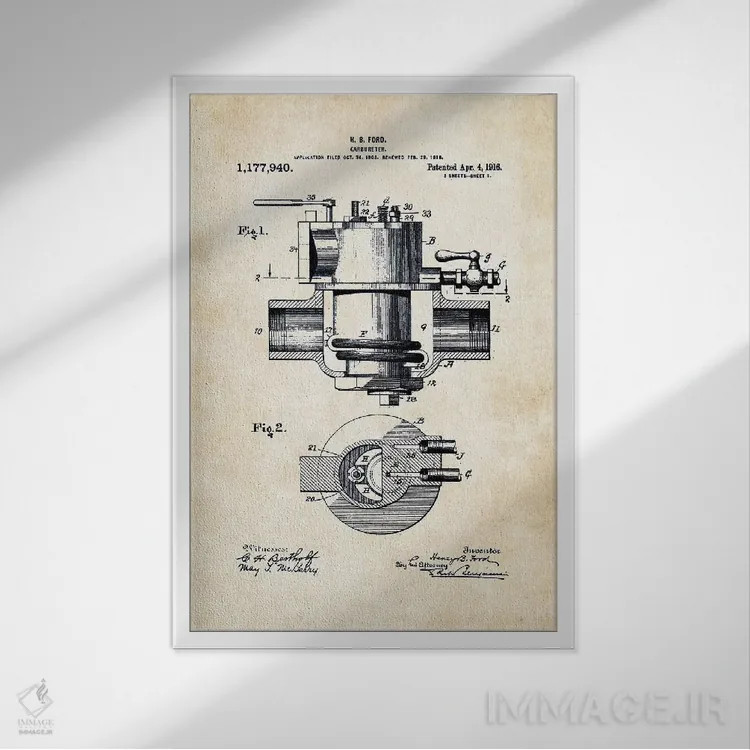 تابلو دکوراتیو کاربراتور هنری فورد اثر پتنت ۷۷ - نمای قابدار سفید