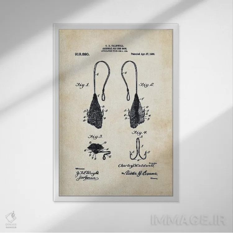 تابلو دکوراتیو قلاب فلای ماهی گیری عتیقه اثر پتنت ۷۷ - نمای قابدار سفید