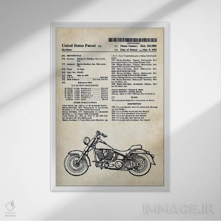 تابلو دکوراتیو موتورسیکلت سوپرگلاید هارلی دیویدسون اثر پتنت ۷۷ - نمای قابدار سفید