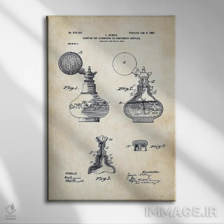 تابلو دکوراتیو بطری عطر قدیمی اثر پتنت ۷۷ - نمای روبهرو روی دیوار