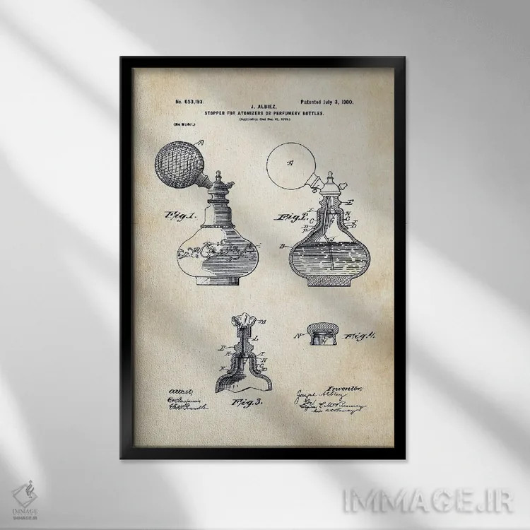 تابلو دکوراتیو بطری عطر قدیمی اثر پتنت ۷۷ - نمای قابدار مشکی