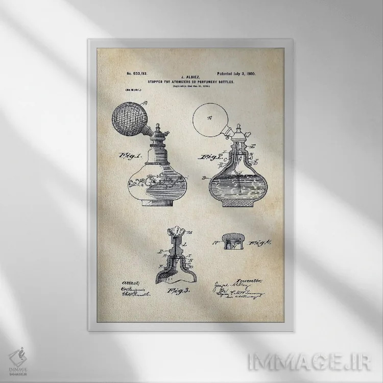 تابلو دکوراتیو بطری عطر قدیمی اثر پتنت ۷۷ - نمای قابدار سفید