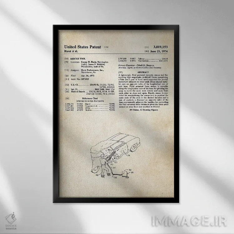 تابلو دکوراتیو ابزار نجات آتش نشانی اثر پتنت ۷۷ - نمای قابدار مشکی