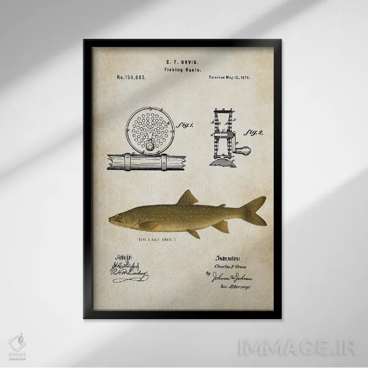 تابلو دکوراتیو طعمه ماهیگیری قزل آلای دریاچه اثر پتنت ۷۷ - نمای قابدار مشکی