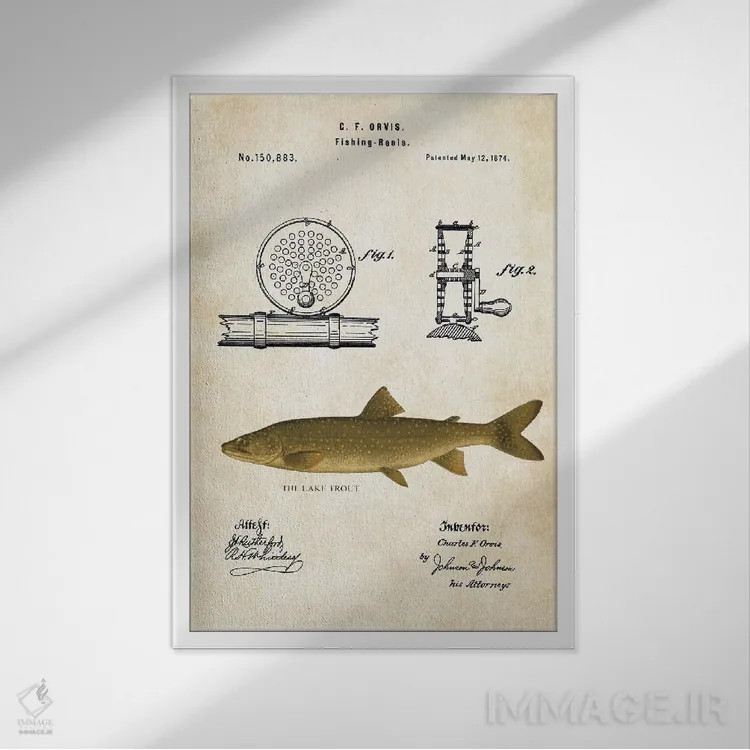 تابلو دکوراتیو طعمه ماهیگیری قزل آلای دریاچه اثر پتنت ۷۷ - نمای قابدار سفید