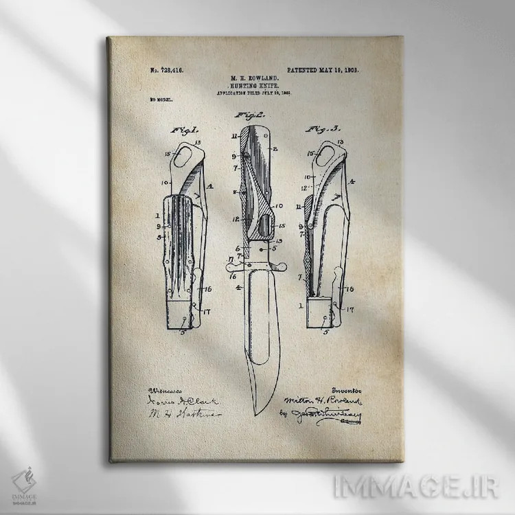 تابلو دکوراتیو چاقوی تاشوی ایمنی ماربل اثر پتنت ۷۷ - نمای روبهرو روی دیوار