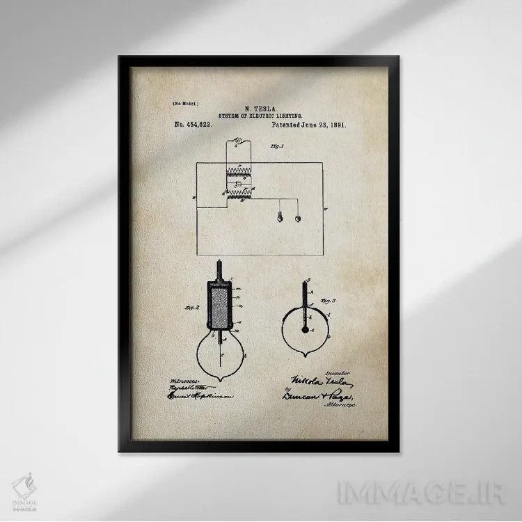 تابلو دکوراتیو لامپ روشنایی نیکولا تسلا اثر پتنت ۷۷ - نمای قابدار مشکی