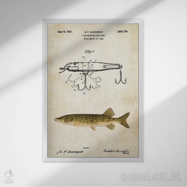 تابلو دکوراتیو طعمه ماهی گیری شمالی اثر پتنت ۷۷ - نمای قابدار سفید