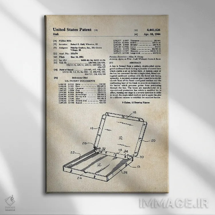 تابلو دکوراتیو جعبه پیتزا اثر پتنت ۷۷ - نمای روبهرو روی دیوار