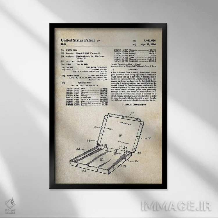 تابلو دکوراتیو جعبه پیتزا اثر پتنت ۷۷ - نمای قابدار مشکی