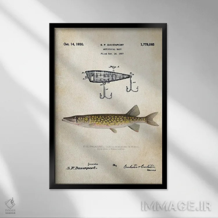 تابلو دکوراتیو طعمه ماهیگیری پیکرل اثر پتنت ۷۷ - نمای قابدار مشکی