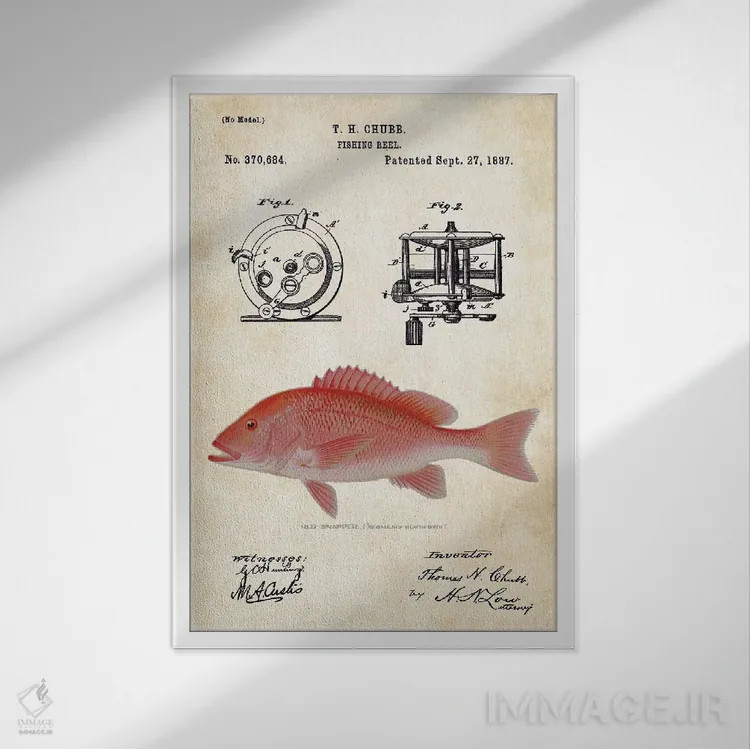 تابلو دکوراتیو طعمه ماهیگیری رد اسنپر اثر پتنت ۷۷ - نمای قابدار سفید