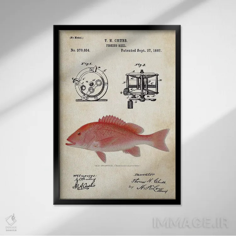 تابلو دکوراتیو طعمه ماهیگیری رد اسنپر اثر پتنت ۷۷ - نمای قابدار مشکی