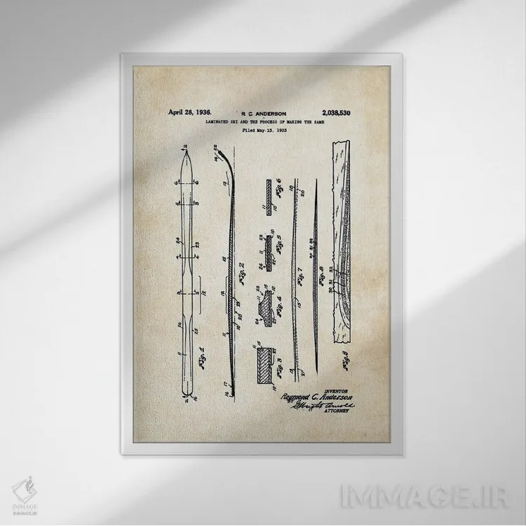 تابلو دکوراتیو چوب اسکی برفی اثر پتنت ۷۷ - نمای قابدار سفید
