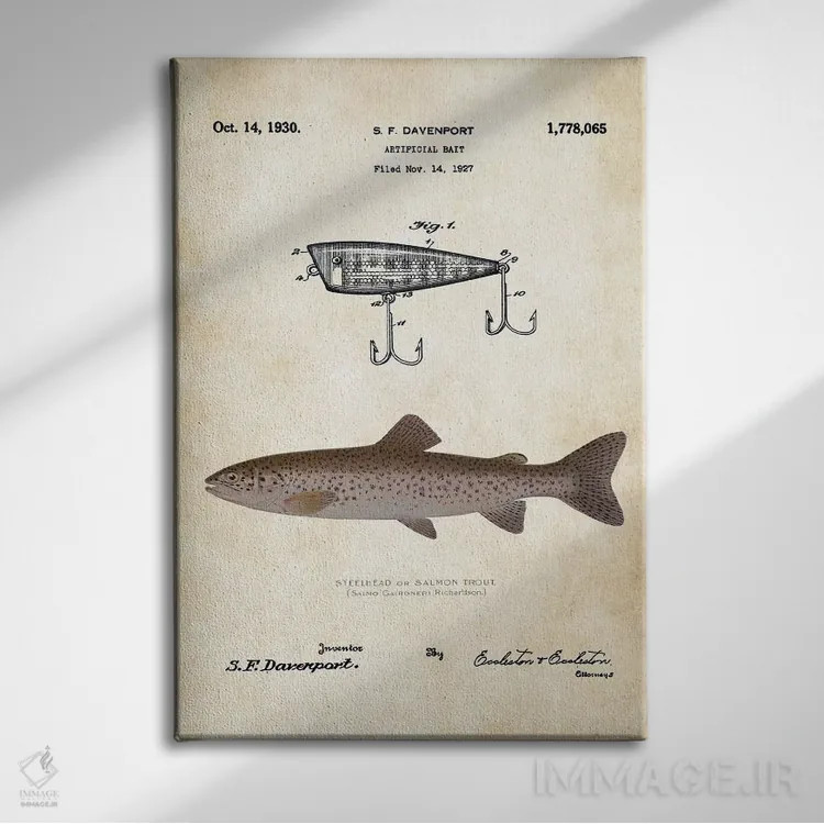 تابلو دکوراتیو طعمه ماهیگیری سالمون استیل هد اثر پتنت ۷۷ - نمای روبهرو روی دیوار