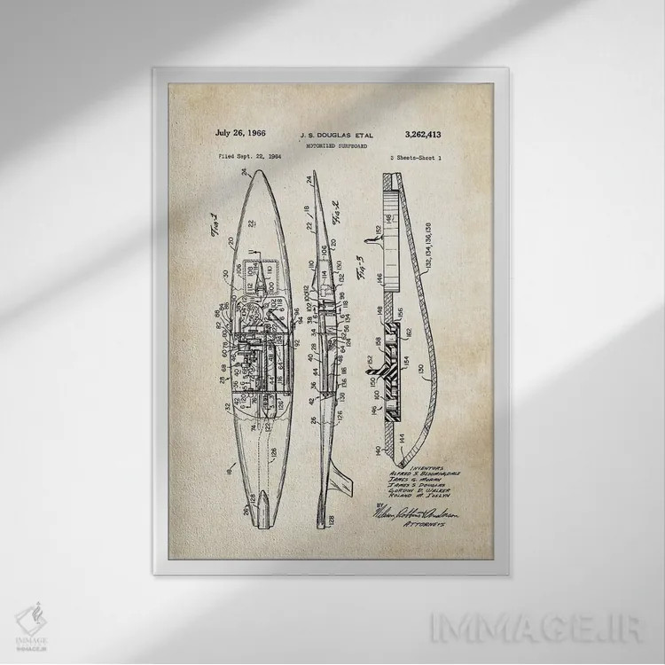 تابلو دکوراتیو تخته موج سواری موتوردار اثر پتنت ۷۷ - نمای قابدار سفید