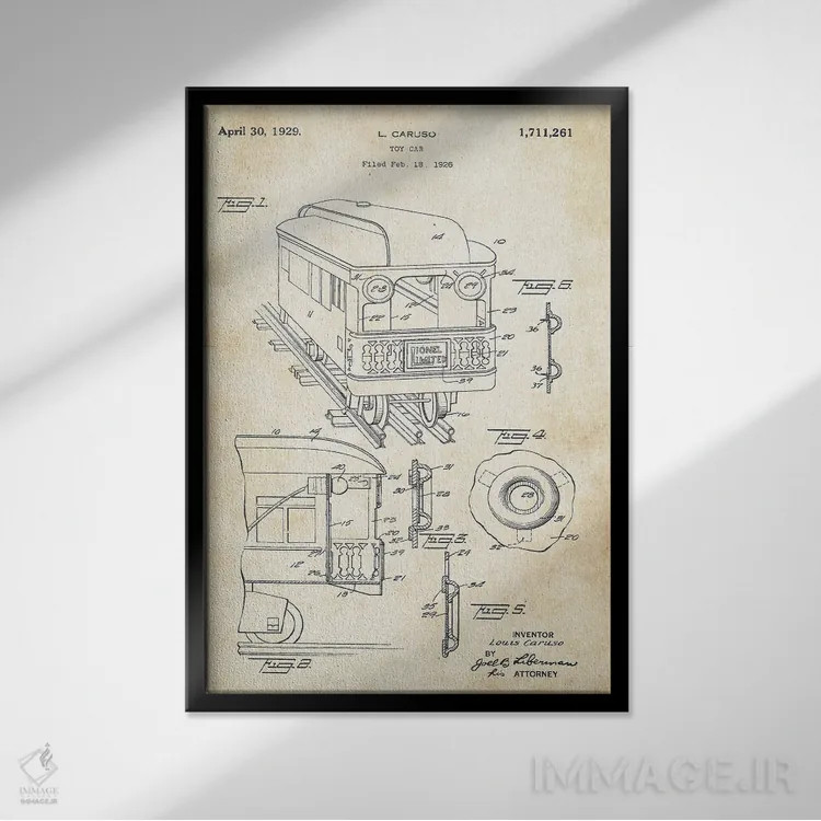 تابلو دکوراتیو واگن اسباب بازی قطار اثر پتنت ۷۷ - نمای قابدار مشکی