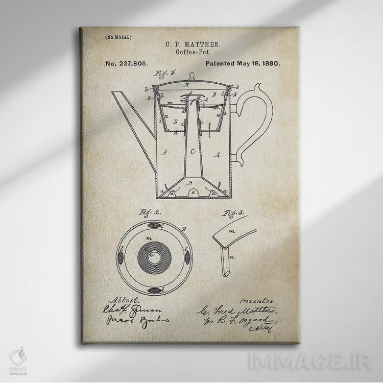 تابلو دکوراتیو قوری قهوه اثر پتنت ۷۷ - نمای روبهرو روی دیوار