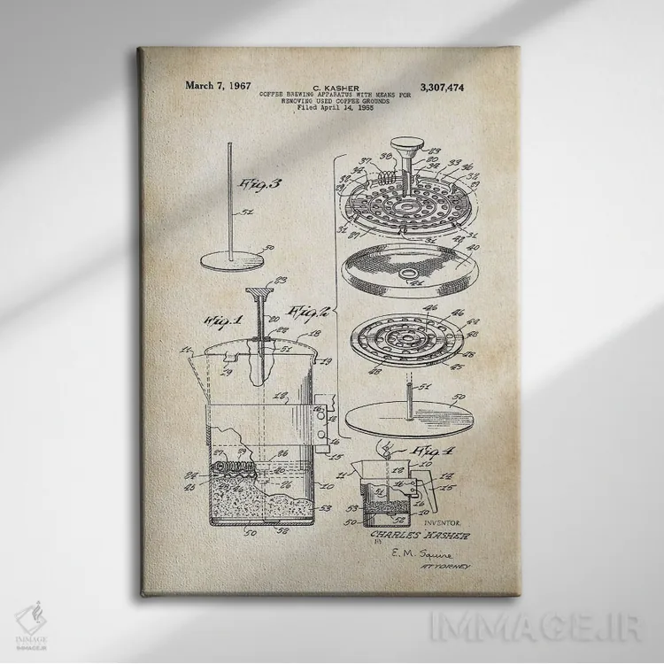 تابلو دکوراتیو فرانسه پرس قهوه اثر پتنت ۷۷ - نمای روبهرو روی دیوار