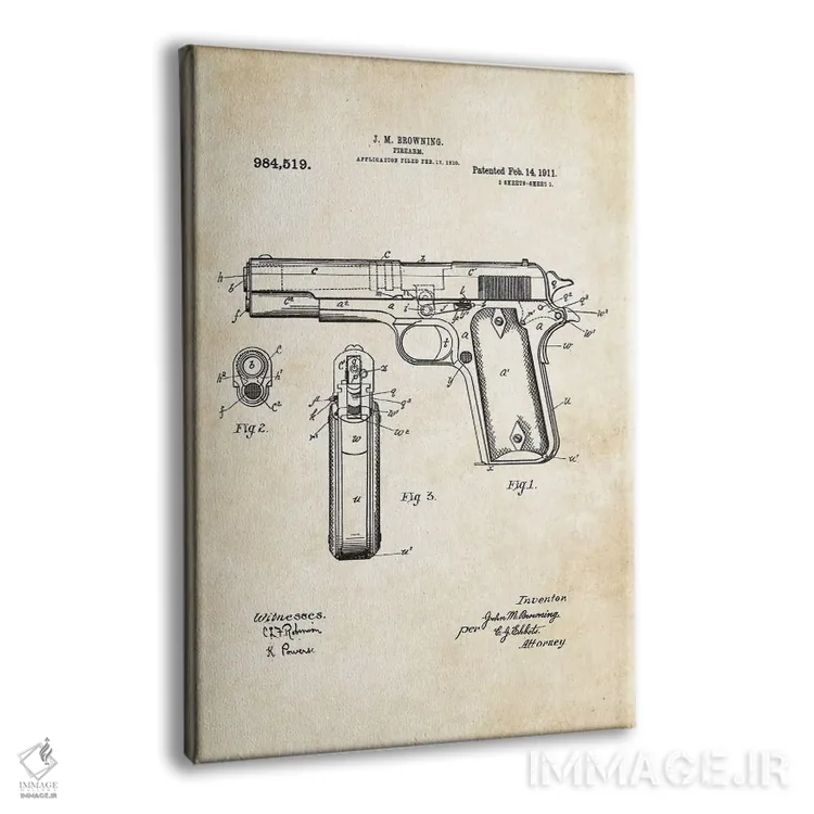 تابلو دکوراتیو تپانچه کلت ۱۹۱۱ اثر پتنت ۷۷ - نمای پرسپکتیو محصول