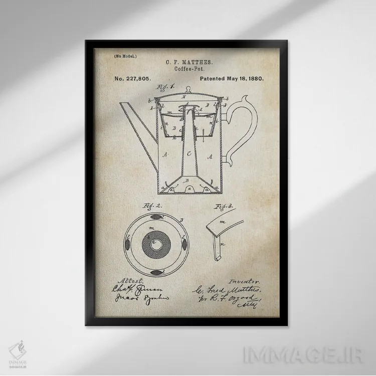 تابلو دکوراتیو قوری قهوه اثر پتنت ۷۷ - نمای قابدار مشکی